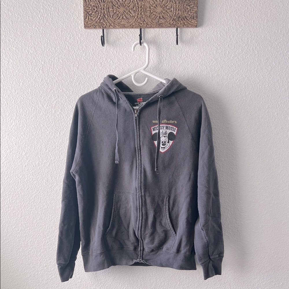 Disney Parks Mickey Mouse Club Zip Up Hoodie Mens Medium Gray Hanes Sweatshirt
